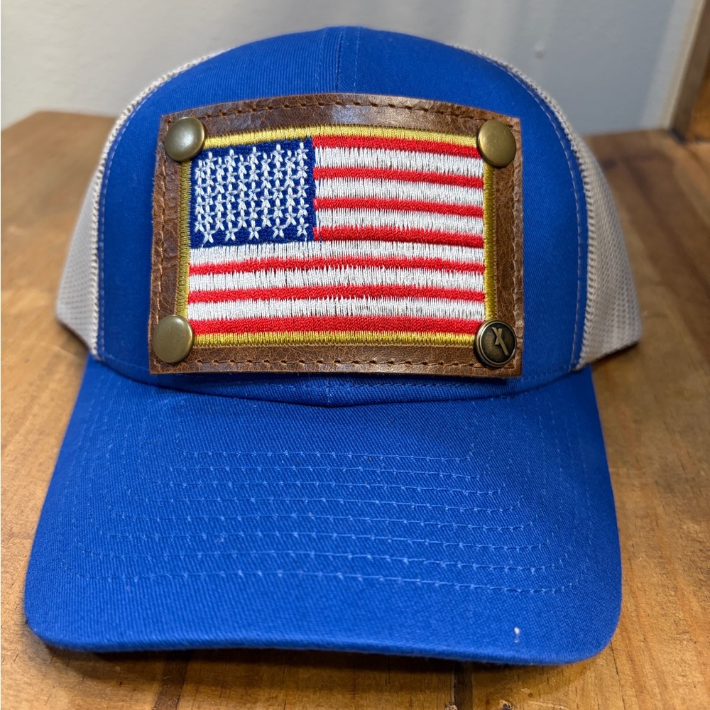 Blue Trucker Hat with American Flag Patch